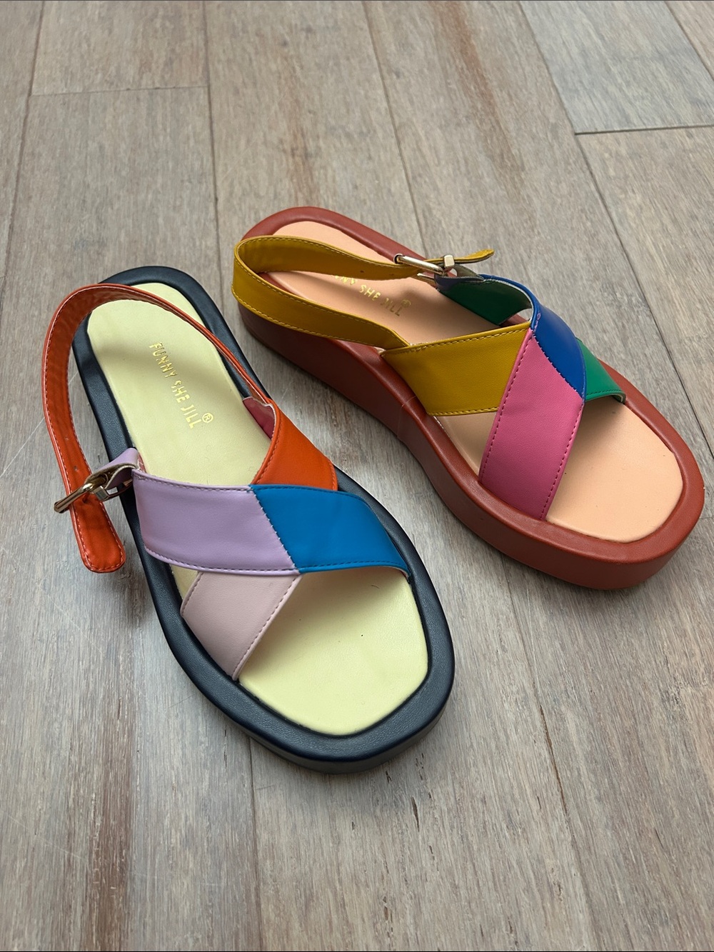 FSJ Multicolor Patchwork Platform Sandals in Pink, Blue, Green, Yellow slingback